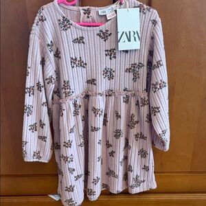 Zara Pink Floral Ribbed Long-Sleeve Kids Dress